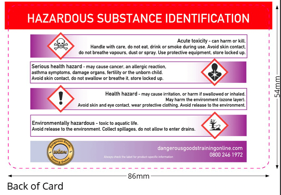 back of COSHH card