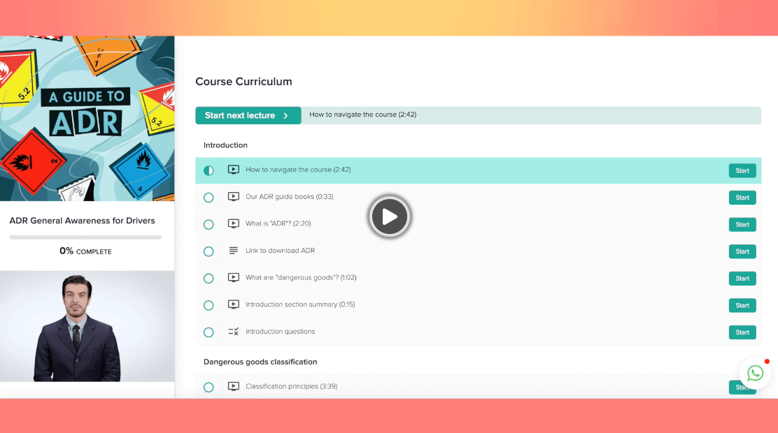 Screen-shot of ADR awareness training for drivers online course