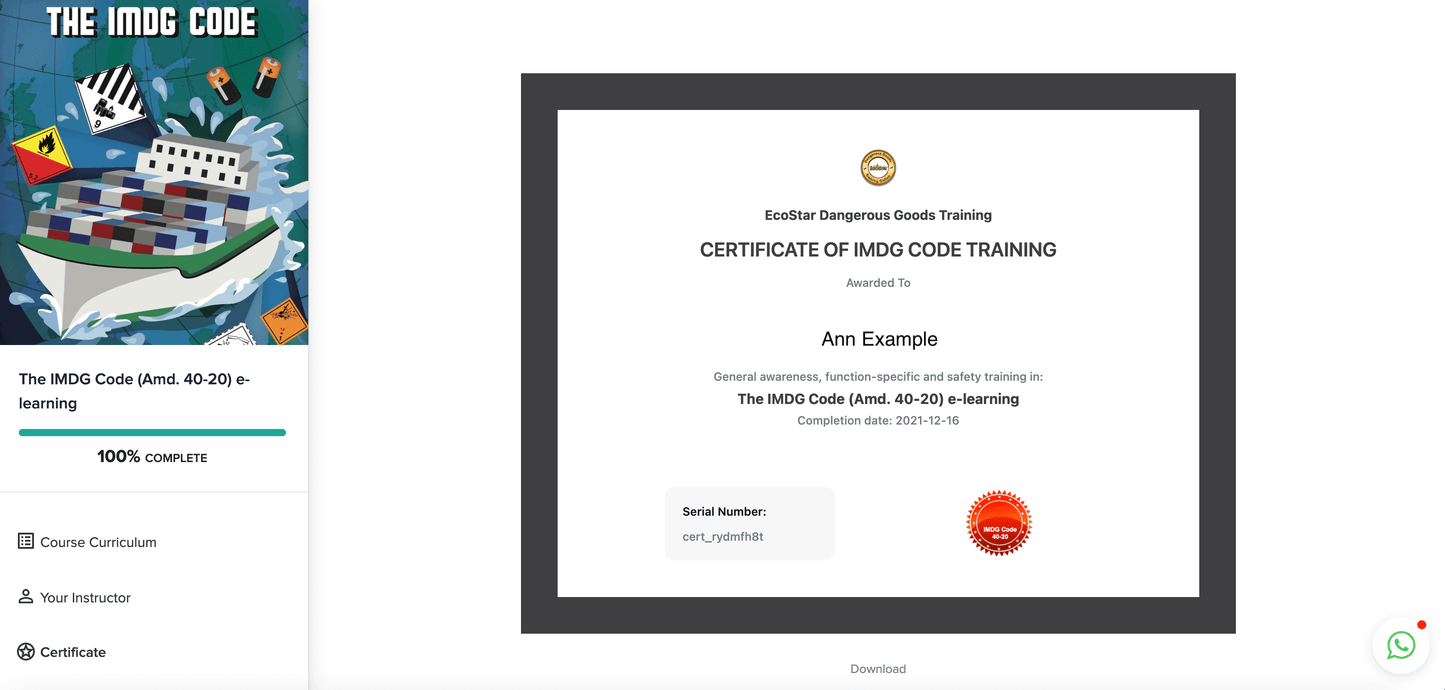 IMDG Code online course completion certificate