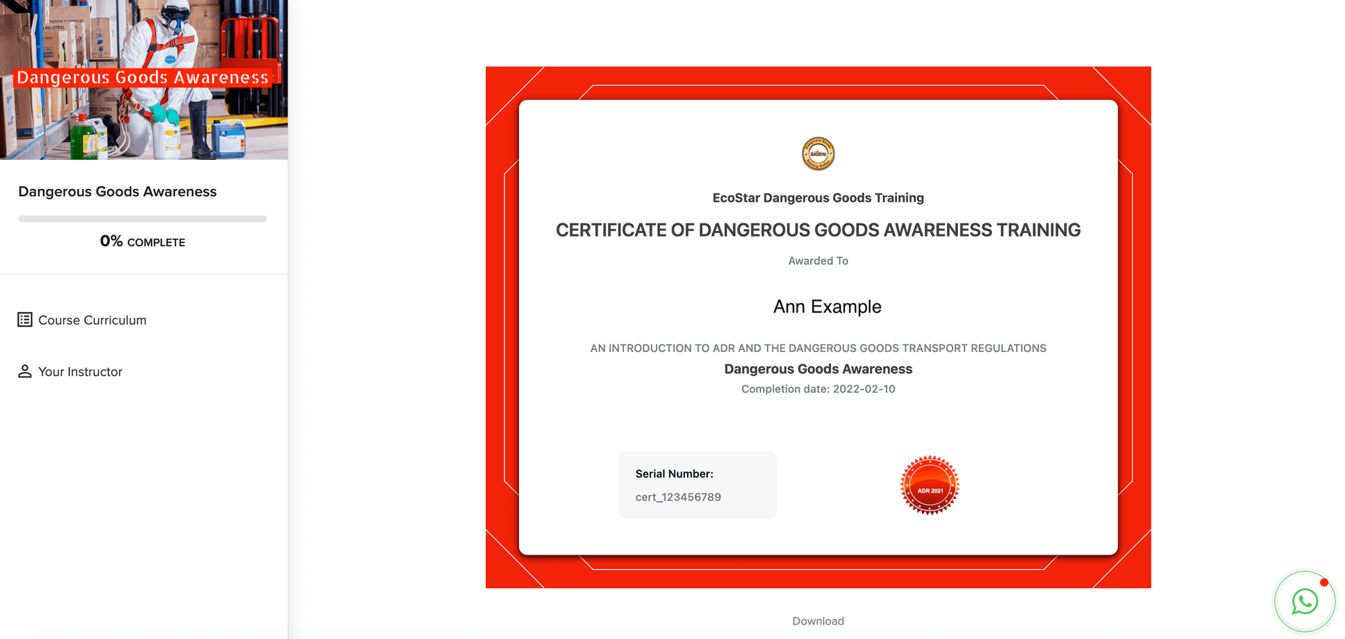 dangerous goods training example certificate