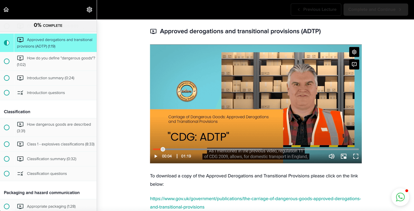 Course screenshot for ADR Class 1 dangerous goods awareness training