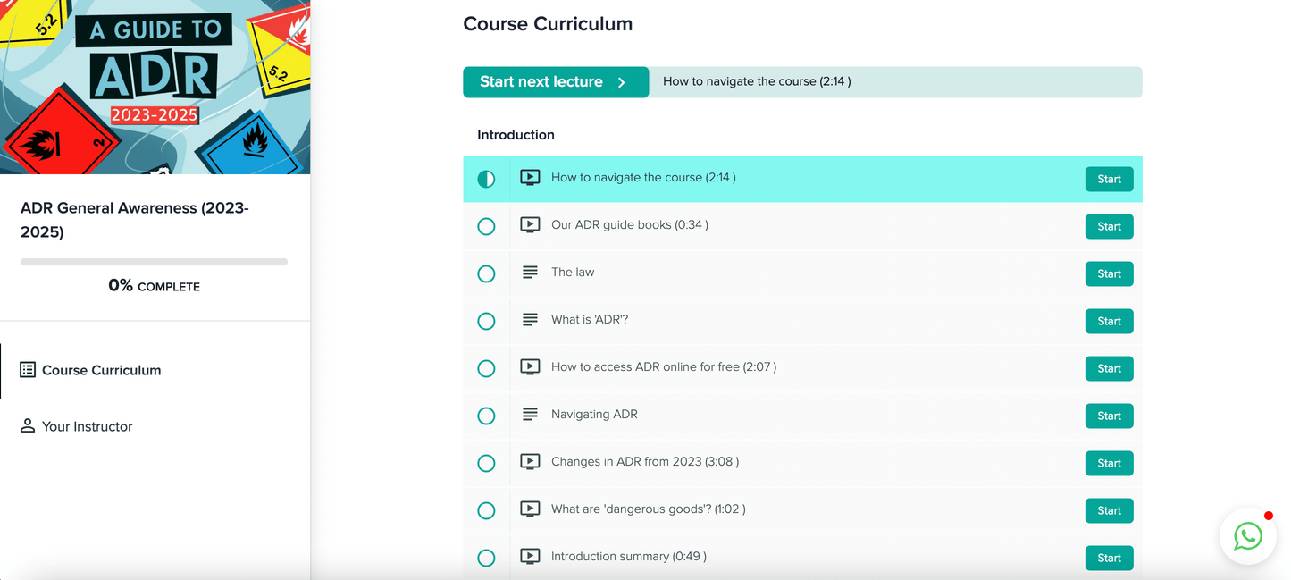 ADR general awareness training course screenshot