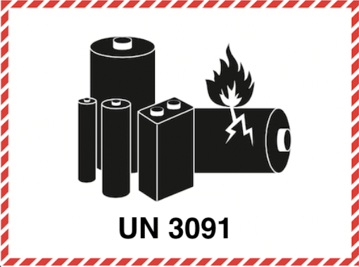 Lithium battery mark displaying UN 3091 for lithium metal batteries packed with equipment